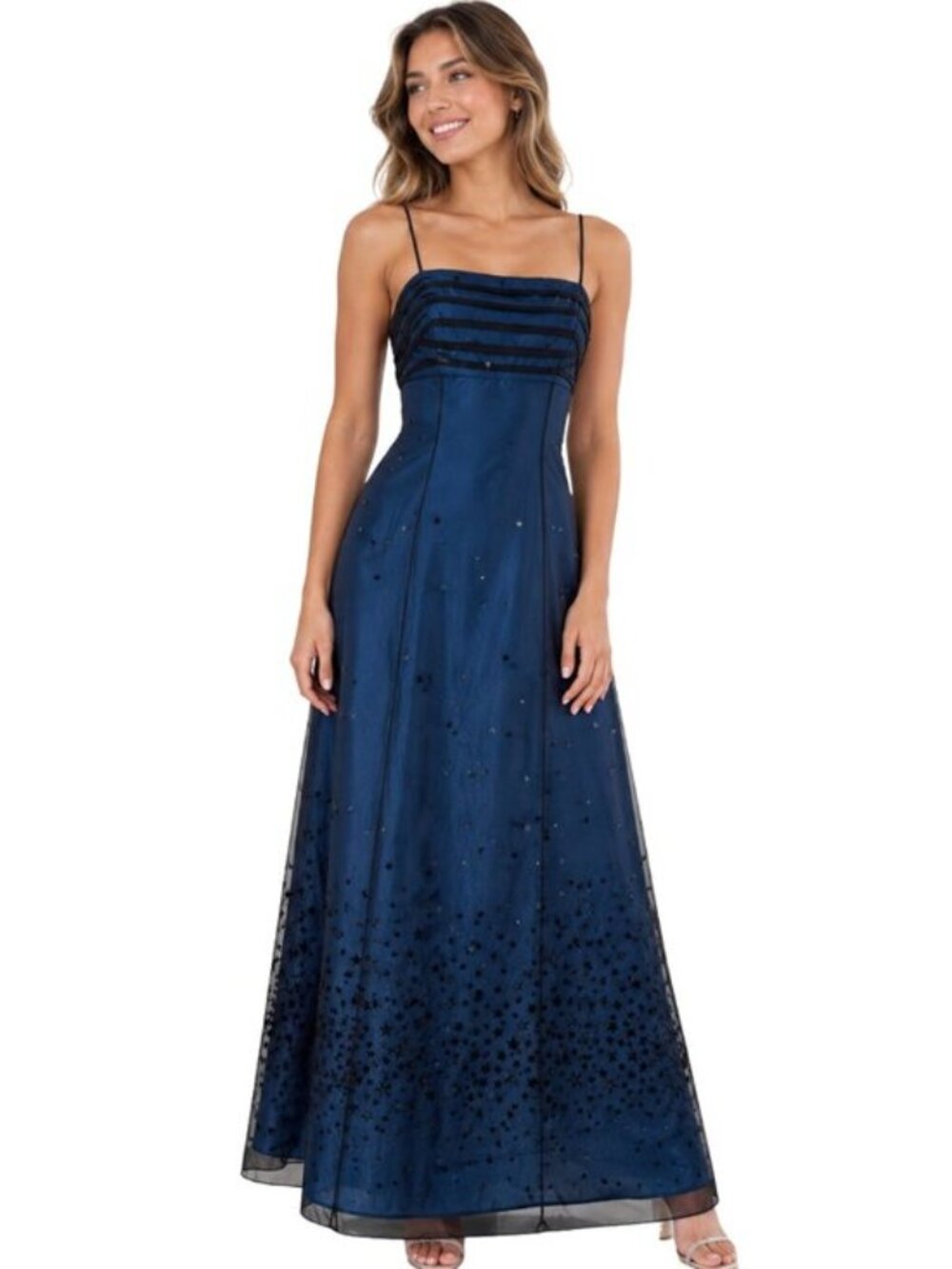 Vintage Morgan & Co Star Flocked Corset Prom Dress Whimsigoth Blue Black 7/8